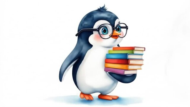 Intelligent Penguin Cartoon Holding Stack of Books Isolated on White Background