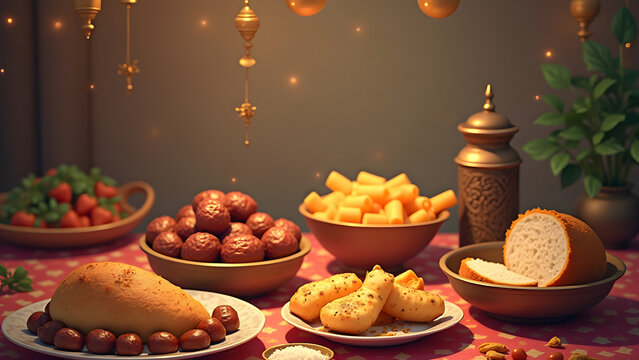 Ramadan Food Celebration Scene with Arabic Sweet and Dates Sharing