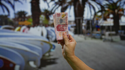 Hand holding mexican pesos in an outdoor urban setting with palm trees, surfboards, and cars parked...