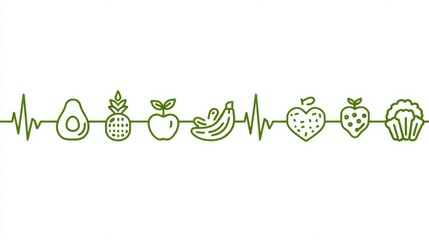 Pulse Line Intertwined With Healthy Food Icons Representing Wellness and Nutrition Benefits