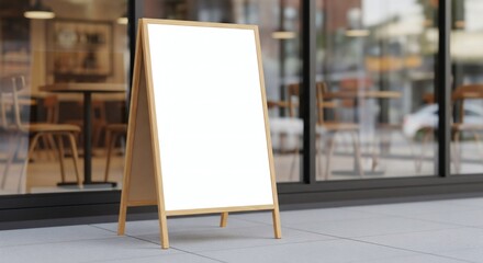  A blank sandwich board stands outside a modern cafe on a sunny street, inviting customers to read upcoming specials or announcements. 