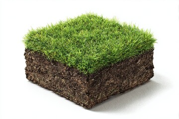 Square of green grass and soil isolated on white background