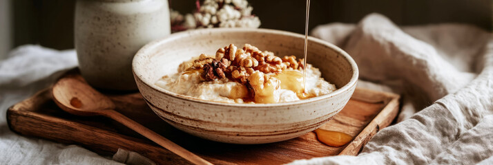 Warm oatmeal served in a rustic bowl is topped with crunchy walnuts and drizzled with honey, creating a comforting seasonal breakfast for chilly mornings, banner