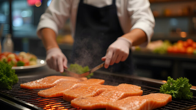 Chef grilling delicious fish fillets on a hot grill at food market