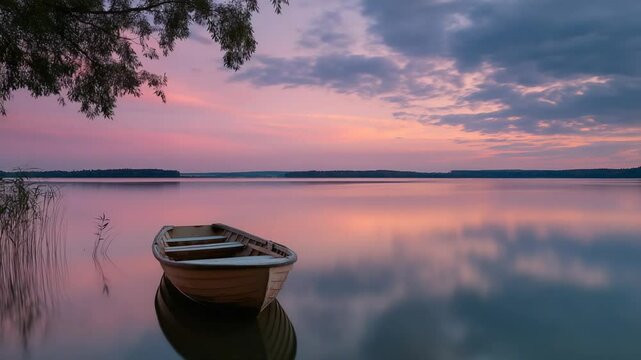 A tranquil lake reflects the soft gradient of a twilight sky, where shades of pink and blue blend seamlessly above the horizon. The water remains perfectly still, mirroring the pas