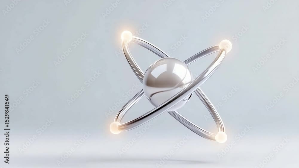 Poster atom molecular design: a visually striking metallic atom, with a central sphere orbited by interconn