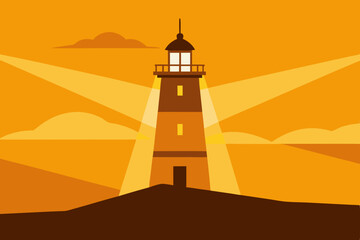 Lighthouse beacon at sunset minimalist illustration