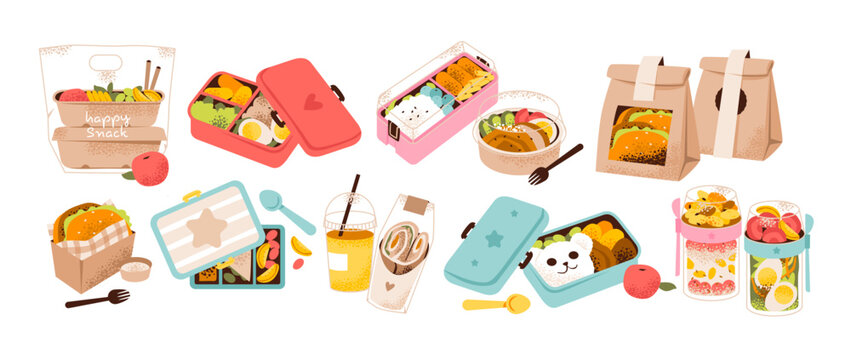 Healthy lunchbox with bento food.  Takeaway food in a lunchbox. Homemade portable lunch set. School meals, kids snacks, zero-waste lifestyle concept. Flat vector illustration.