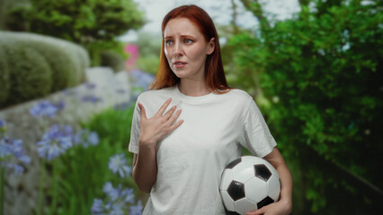 Naklejka premium Woman with red hair in a park holding a soccer ball while wearing a white shirt surrounded by greenery and vibrant flowers, expressing surprise or confusion.