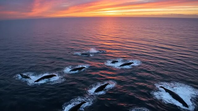 Stunning aerial footage of a pod of orca whales swimming in the ocean at sunset