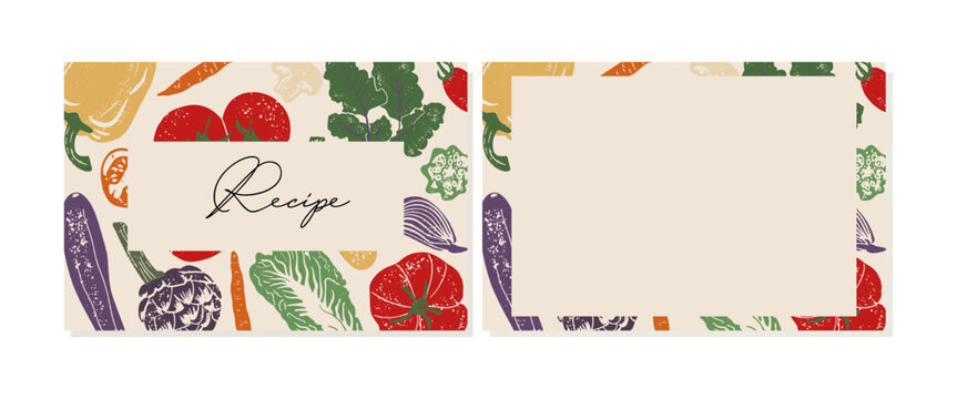 Collection of recipe card or sheet templates for making notes about meal preparation and cooking ingredients. Empty cookbook pages. 