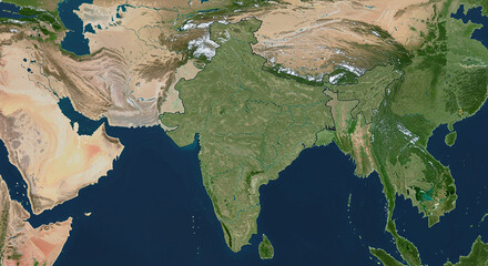 Satellite view of the Indian subcontinent, showing landmasses, oceans, and cloud cover.