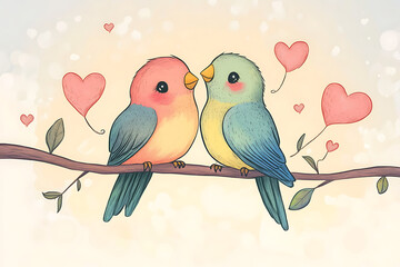 Two colorful lovebirds perched on a branch, surrounded by hearts in a soft, dreamy background