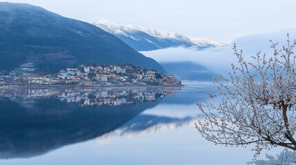 Winter fjord town reflection, snowy mountains, calm lake