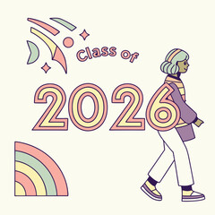 Class of 2026 graduate walking illustration design element