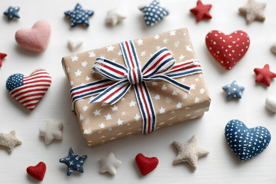 A gift box with American-themed riboon and trinkets, cute hearts and stars in red white blue. USA themed decorations. American independent day.