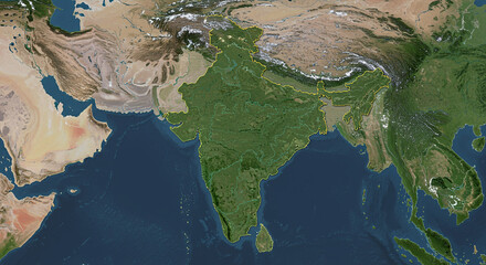Satellite view showcasing the Indian subcontinent, highlighting its diverse geography and landmasses.