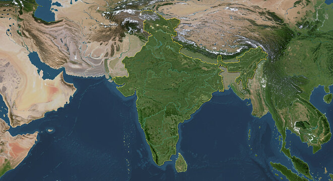 Satellite view showcasing the Indian subcontinent, highlighting its diverse geography and landmasses.