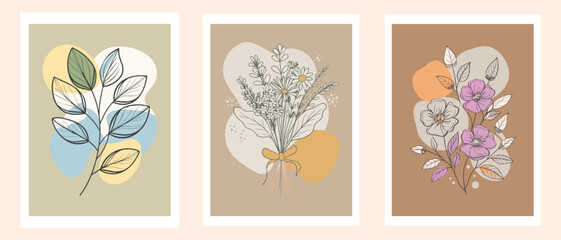 Mid-Century Botanical Art Prints - Abstract Line Flowers & Leaves Wall Decor