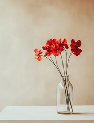 Fototapeta premium Minimalist Composition of Red Chrysanthemums in a Glass Vase with Soft Window Light and Shadows on a White Wall