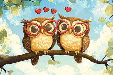 Two cartoon owls wearing oversized glasses sit on a branch under a blue sky with hearts above