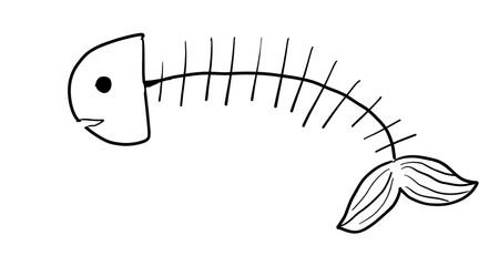 Fish bone icon fishbone skeleton silhouette. Cartoon fish bones, tail and head. Simple fossil drawing.