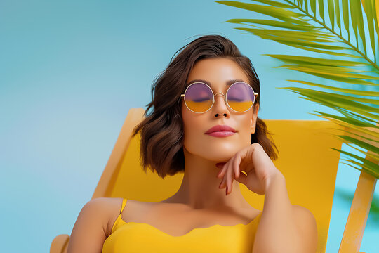 Woman lounges in vibrant yellow swimsuit, wearing trendy sunglasses. Bright blue backdrop creates a cheerful atmosphere, perfect for summer vibes. Concept of fashion, leisure, wellness - Powered by Adobe