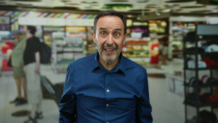 Fototapeta premium Man in blue shirt expresses surprise in busy airport terminal with colorful store displays blurred in the background, emphasizing travel and indoor environment.