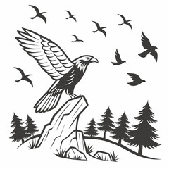 Majestic eagle on mountain peak with birds flying, transparent png