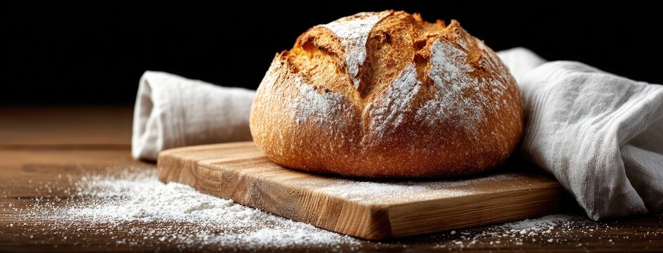 Loaf of bread rests on a wooden board, surrounded by flour and revealed in warm, natural light highlighting its crusty surface