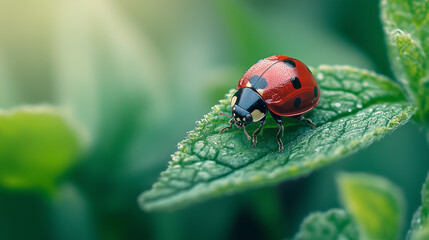 Macro Shot of Ladybug on Leaf