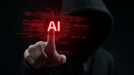 a suspicious villain man in hoodie holding red neon light Ai word in hand, digital scam with Ai  concept 