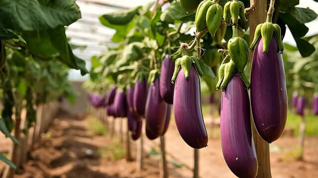 Ripe, purple eggplants hanging from healthy plants in a greenhouse, demonstrating sustainable agriculture practices in a controlled environment