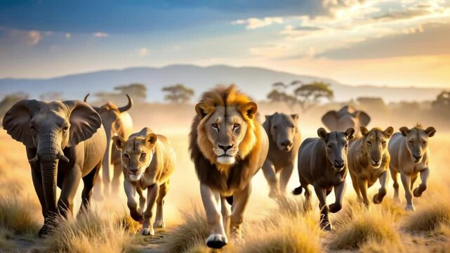 African savanna sunset Lion leads elephant, buffalo, and wildebeest herd