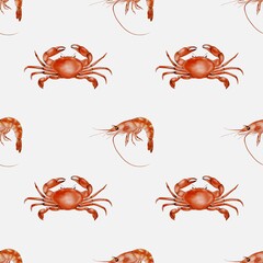 Colorful crab and shrimp watercolor pattern for seamless fabric design