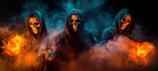 Obraz premium The mesmerizing trio of skeletal figures casting fiery spells in darkness.