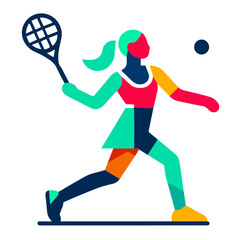 Colorful female tennis vector player in dynamic pose preparing to hit ball with racket vector on transparent background for sport design, youth promotion, and fitness branding