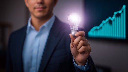 close up hand of an Asian businessman holding glowing lightbulb 