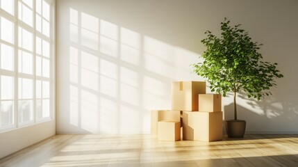 Cardboard boxes and a potted plant in a sunlit room.