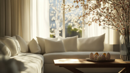 Cozy living room adorned with blossoms and natural light during a serene afternoon
