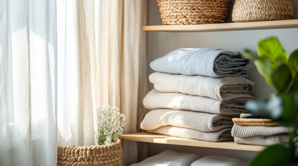 Cozy interior with neatly folded clothes on wooden shelf illuminated by soft sunlight