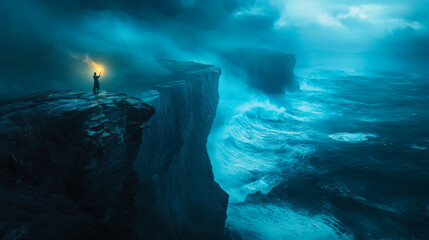 Observer stands on cliff edge while holding a light source during stormy weather near ocean shoreline at dusk