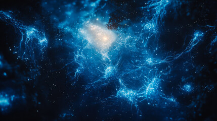 Vivid blue cosmic network floating in deep space glowing with ethereal light and intricate details