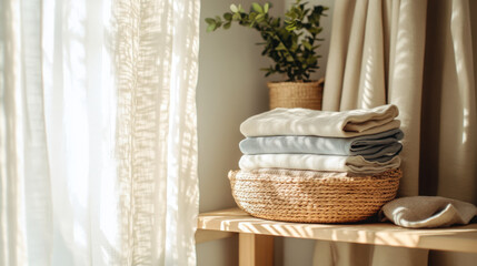 Cozy interior with neatly folded clothes on wooden shelf illuminated by soft sunlight