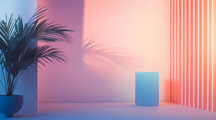 Colorful shadows and plant create vibrant indoor atmosphere in contemporary space