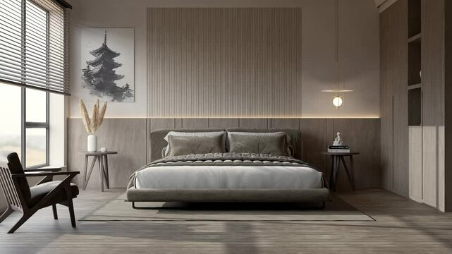 Modern Japandi Style Bedroom Interior Ultra HD 4K 3840x2160 3D Animation Luxury Minimalist Architecture Visualization