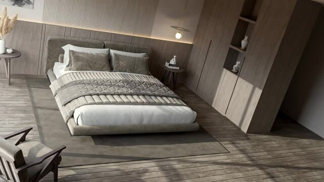 Modern Japandi Style Bedroom Interior Ultra HD 4K 3840x2160 3D Animation Luxury Minimalist Architecture Visualization