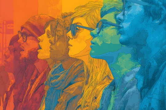 Pop art illustration, banner, texture or background depicting the pride day and the LGBT community with diverse people