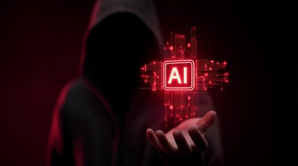 suspicious person no face in black hoodie holding digital hologram Ai symbol floating in air, Ai Caution and risk pros and con concept 