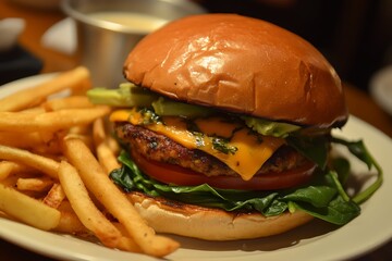 Fresh veggie burger with a thick patty made from chickpeas, topped with avocado, spinach, and spicy mustard